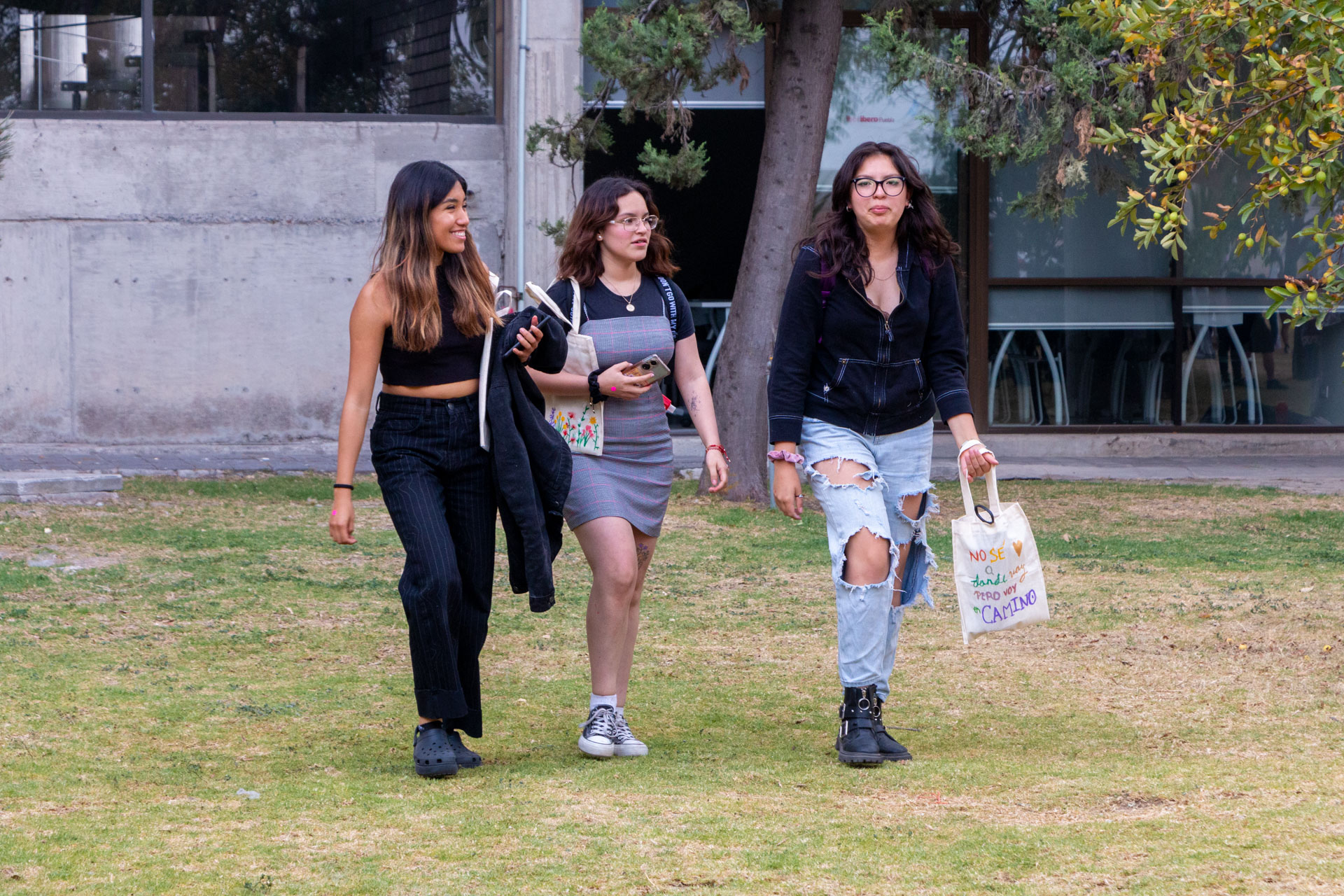 Alumnas caminando en un jardín